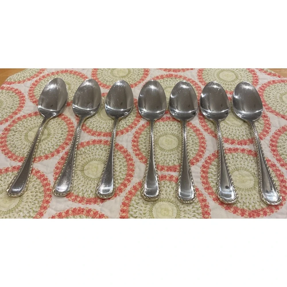 Oneida Golden Belmont Stainless Rope Edge Gold Oval Soup Spoons Set Of‎ 7 VTG